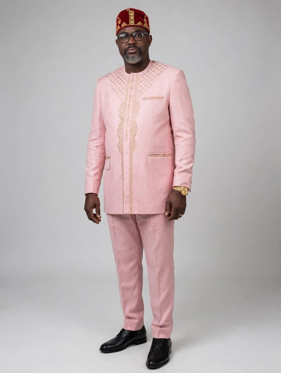 Lattice-Embroidered Pale Rose Formal Suit