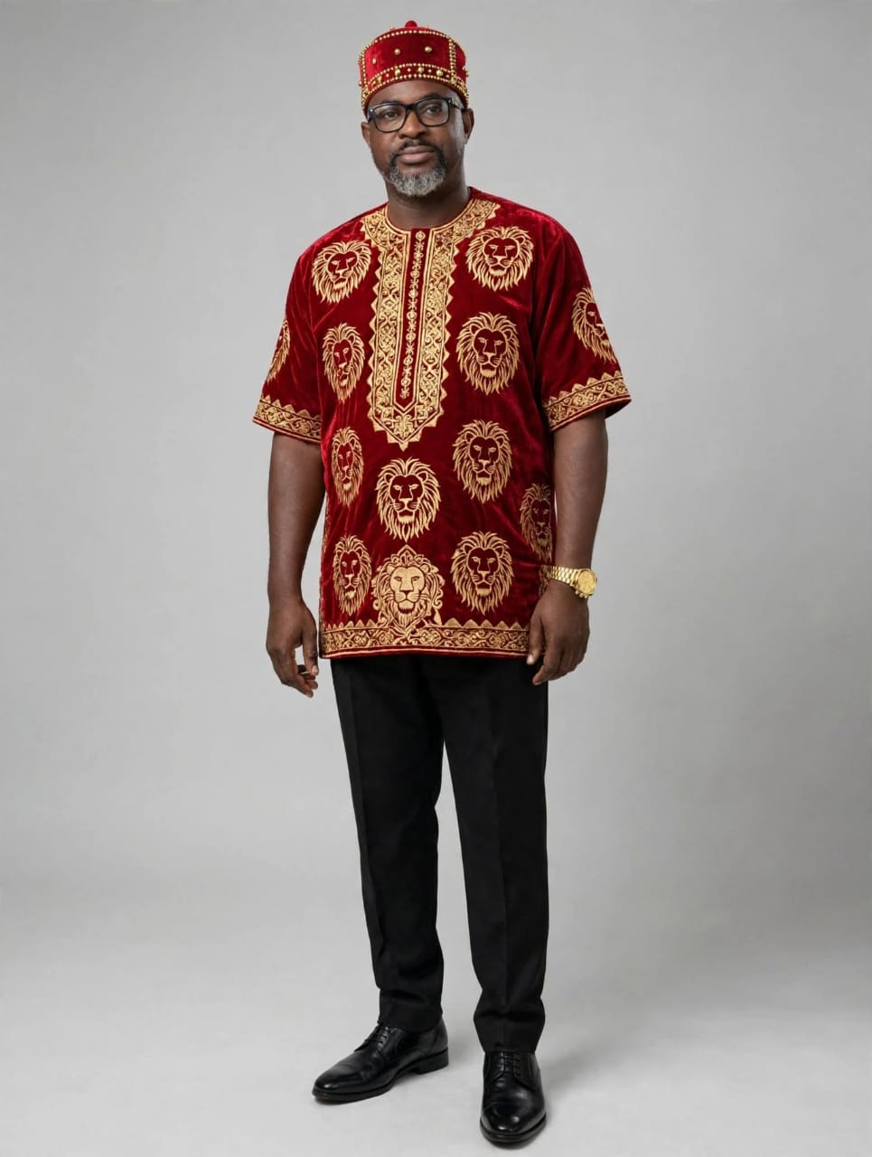 Crimson Velvet Isiagu Lion-Head Tunic