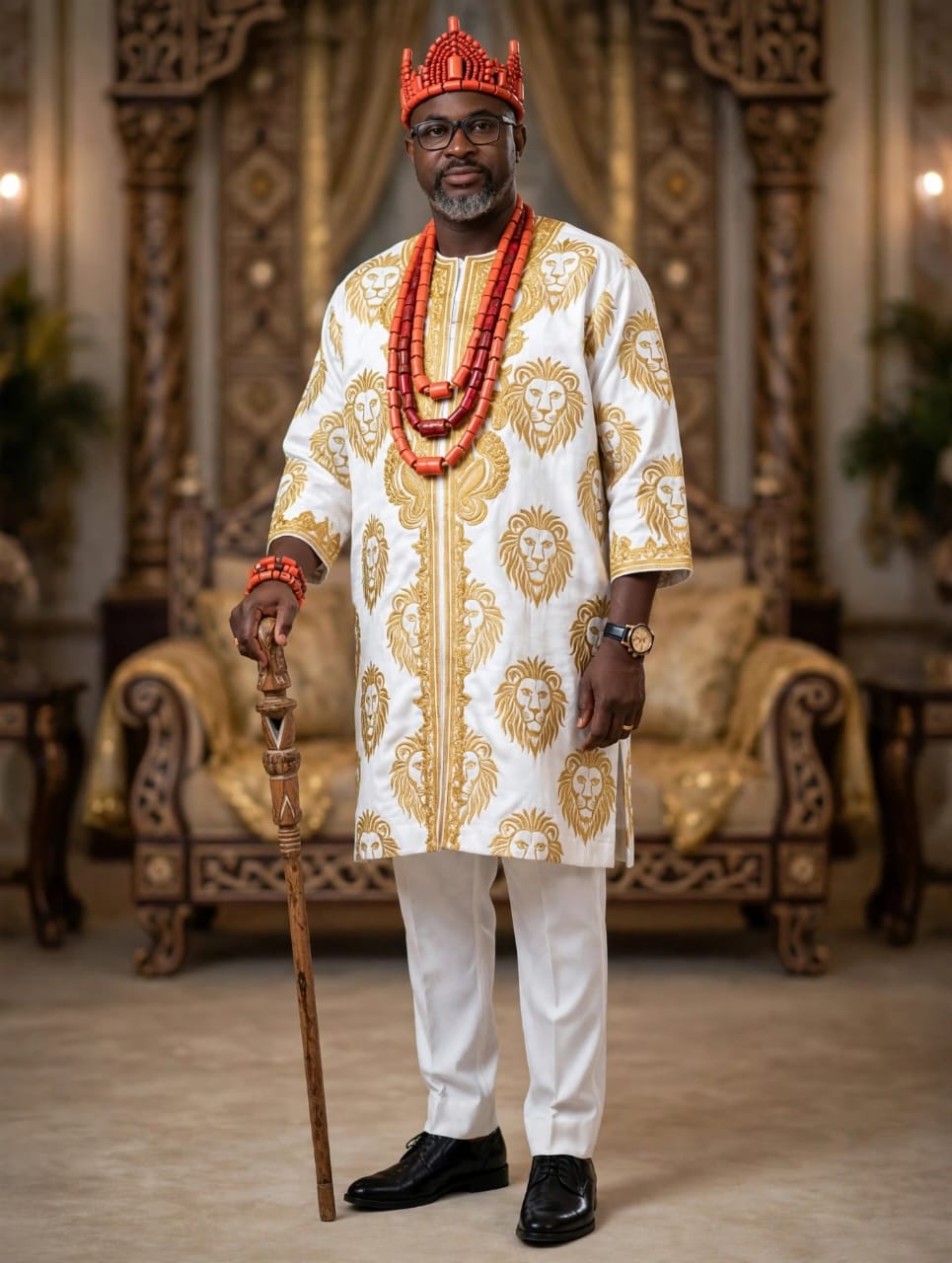High Royal Regalia in White Isiagu with Coral Crown & Staff