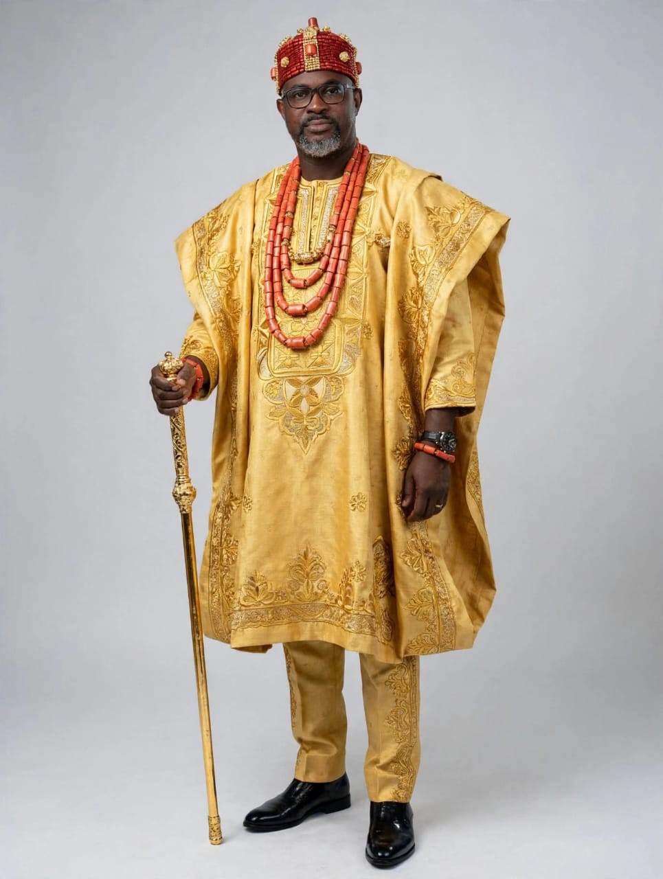 Golden Brocade Royal Agbada & Coral Beads