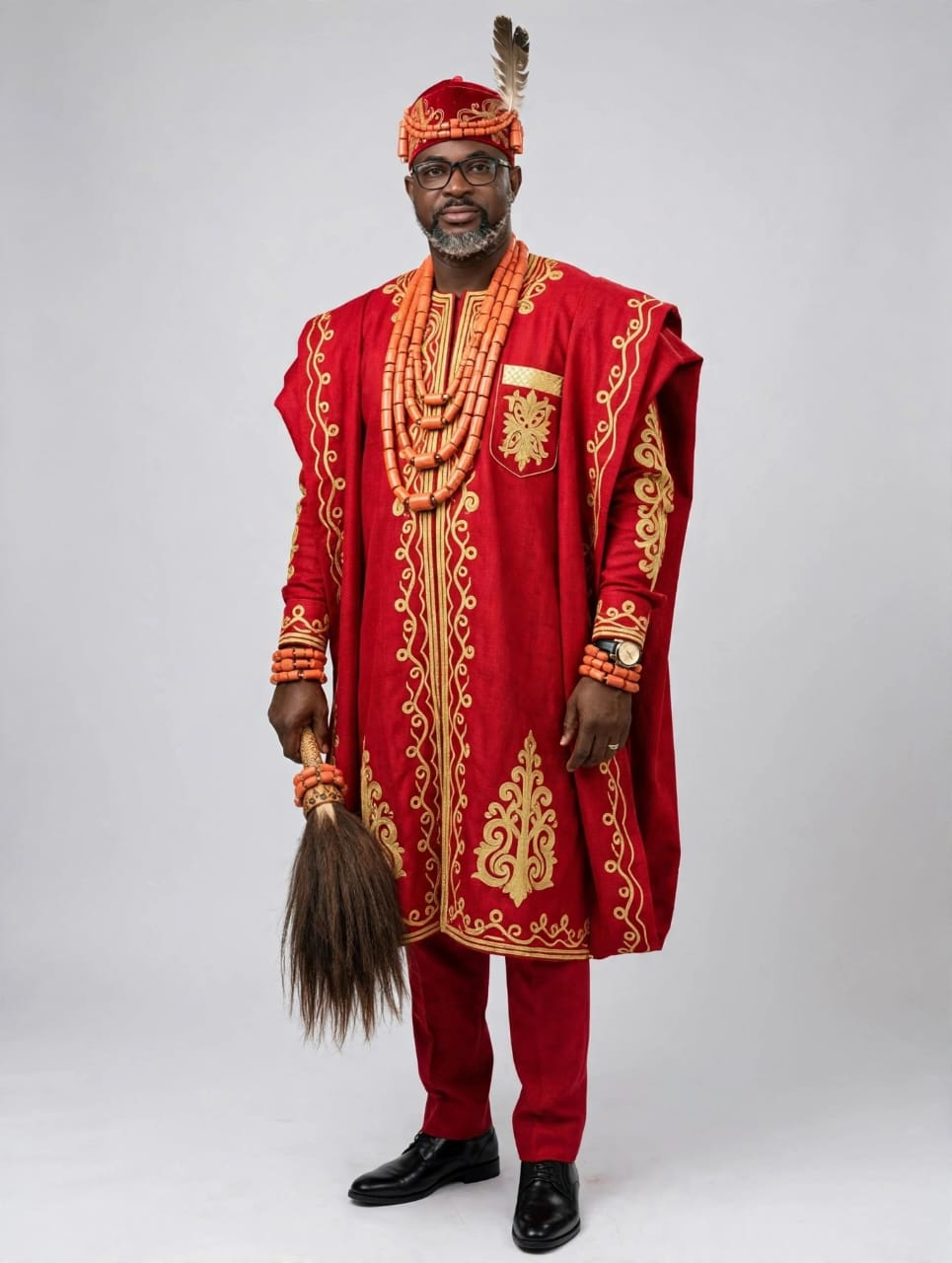 Crimson Royal Agbada with Odu Horsetail & Coral Beads