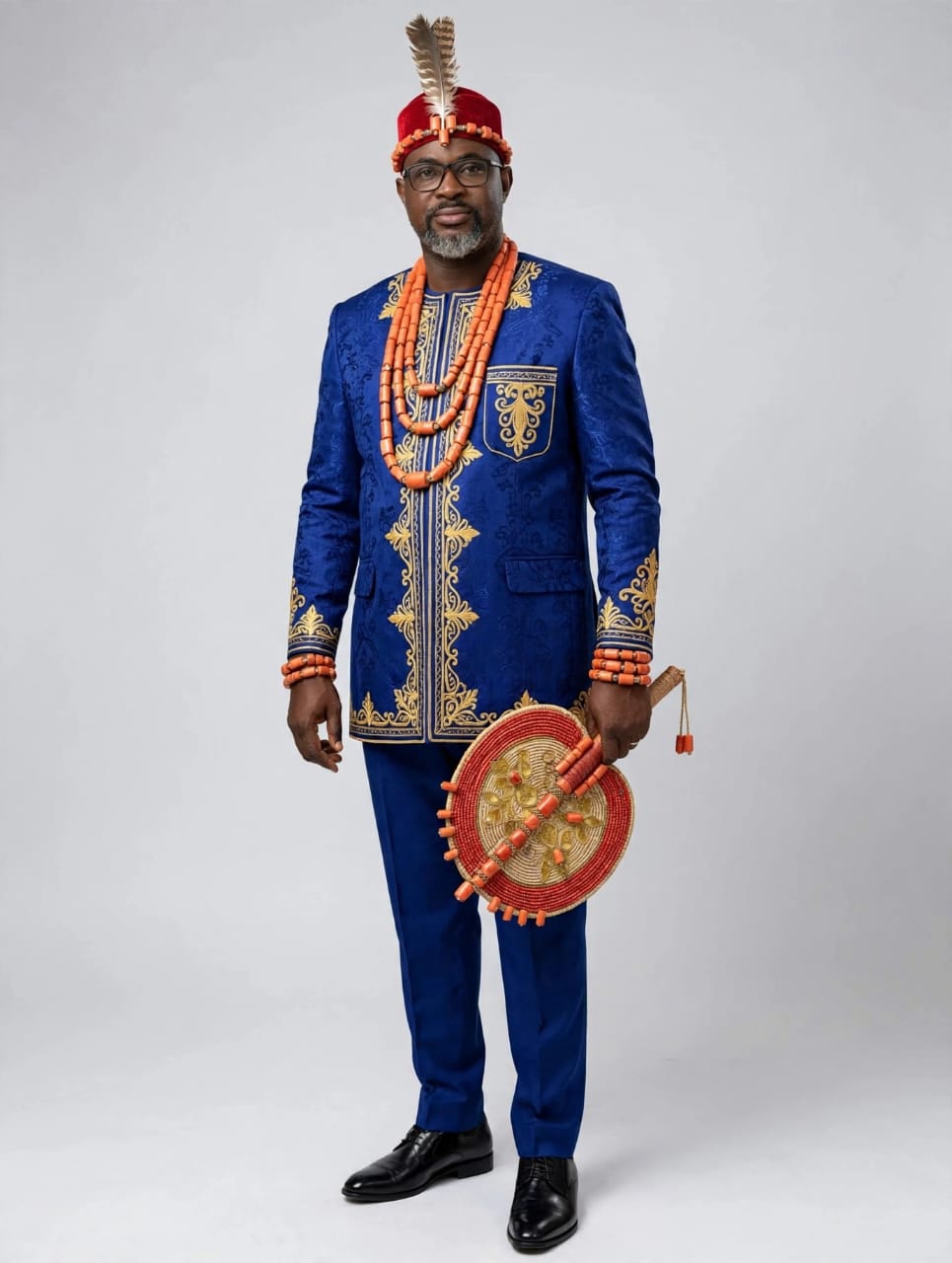 Ceremonial Blue Jacket with Beaded Chieftaincy Fan