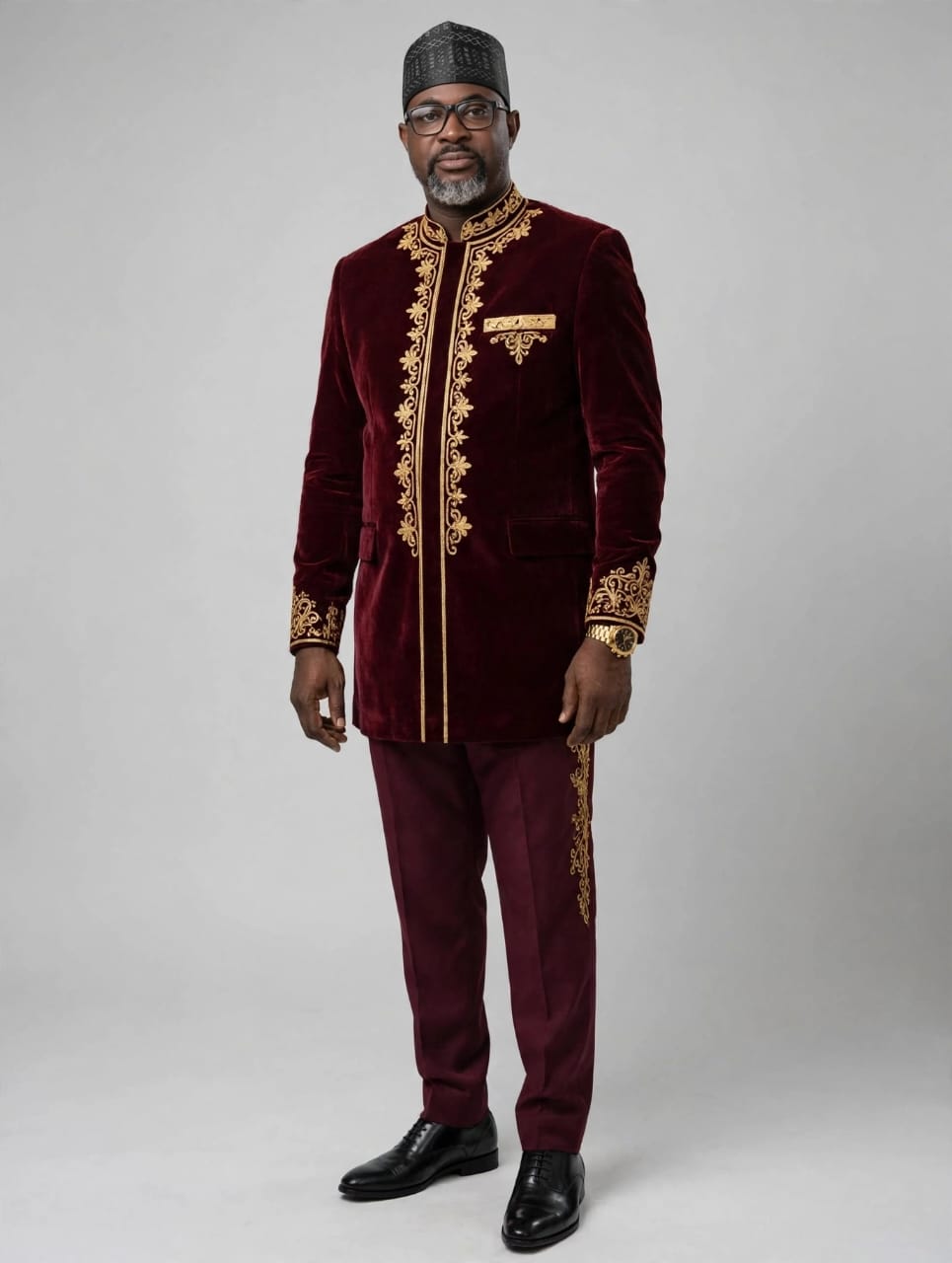 Ornate Gold-Embroidered Maroon Velvet Ensemble